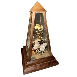 Vintage Dunston Glass Enclosed Dried Butterfly Flower Arrangement Brazil 9x 5"